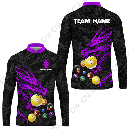 Customized Billiards Stand Collar Quarter-Zip Long Sleeve Jersey, Dragon 9 Ball Jersey Gift For Billiard Players