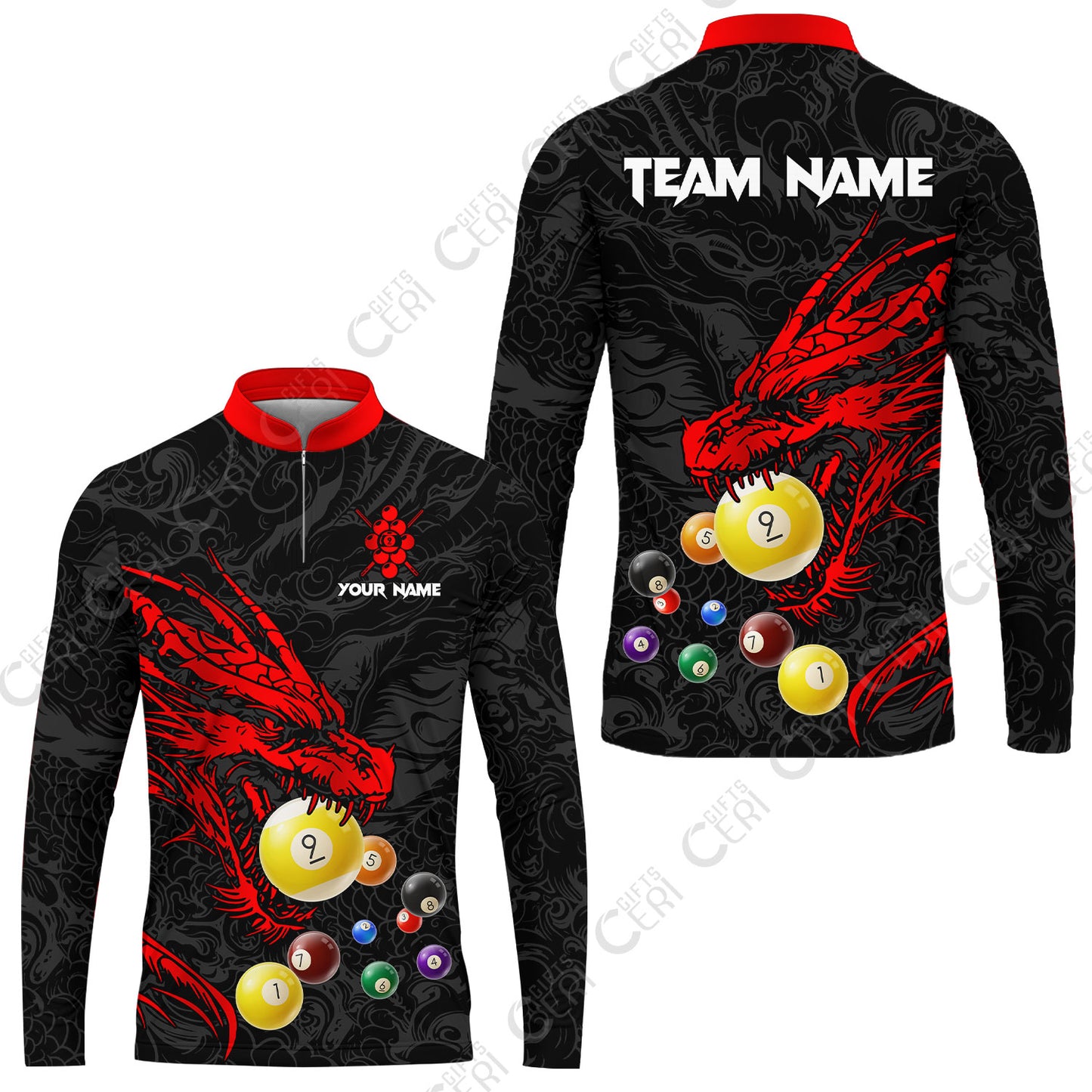 Customized Billiards Stand Collar Quarter-Zip Long Sleeve Jersey, Dragon 9 Ball Jersey Gift For Billiard Players