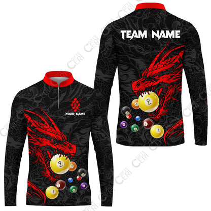 Customized Billiards Stand Collar Quarter-Zip Long Sleeve Jersey, Dragon 9 Ball Jersey Gift For Billiard Players