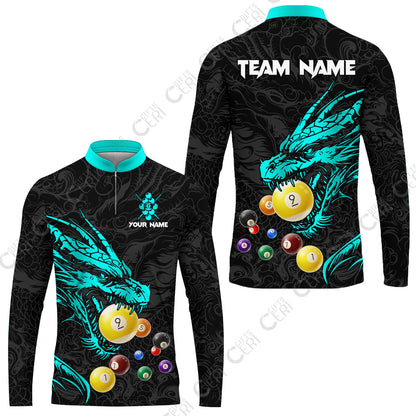 Customized Billiards Stand Collar Quarter-Zip Long Sleeve Jersey, Dragon 9 Ball Jersey Gift For Billiard Players