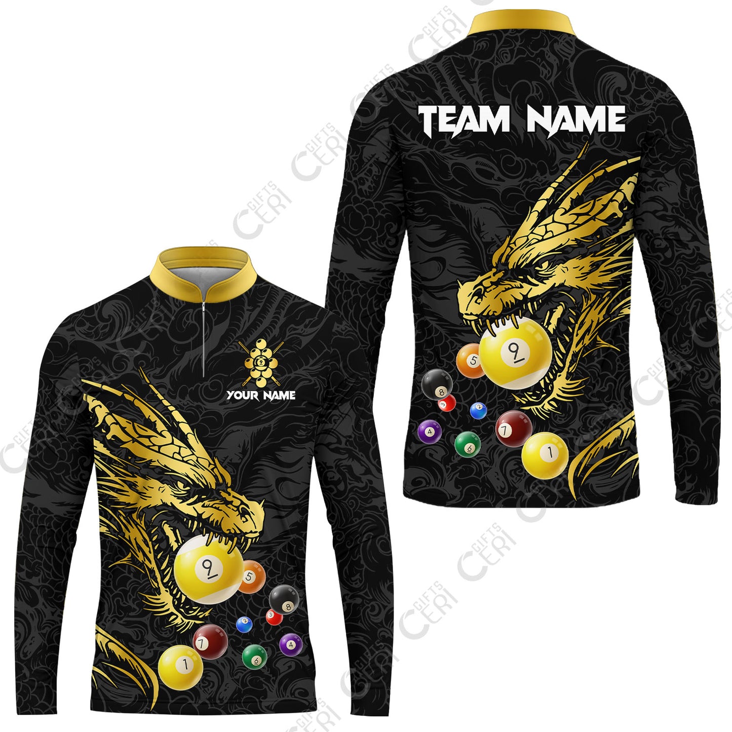 Customized Billiards Stand Collar Quarter-Zip Long Sleeve Jersey, Dragon 9 Ball Jersey Gift For Billiard Players