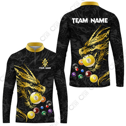 Customized Billiards Stand Collar Quarter-Zip Long Sleeve Jersey, Dragon 9 Ball Jersey Gift For Billiard Players