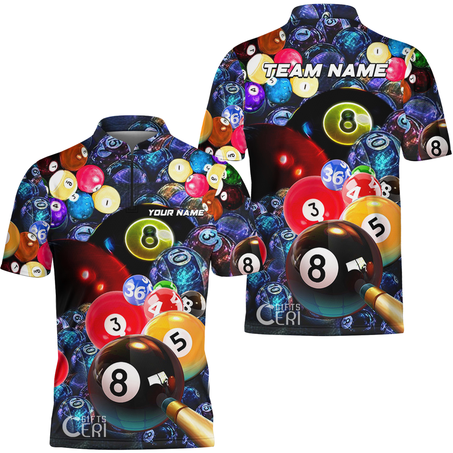 Customized Billiards Stand Collar Quarter-Zip Short Sleeve Jersey, Colorful Billiard 8 Ball Jersey Gift For Billiard Players