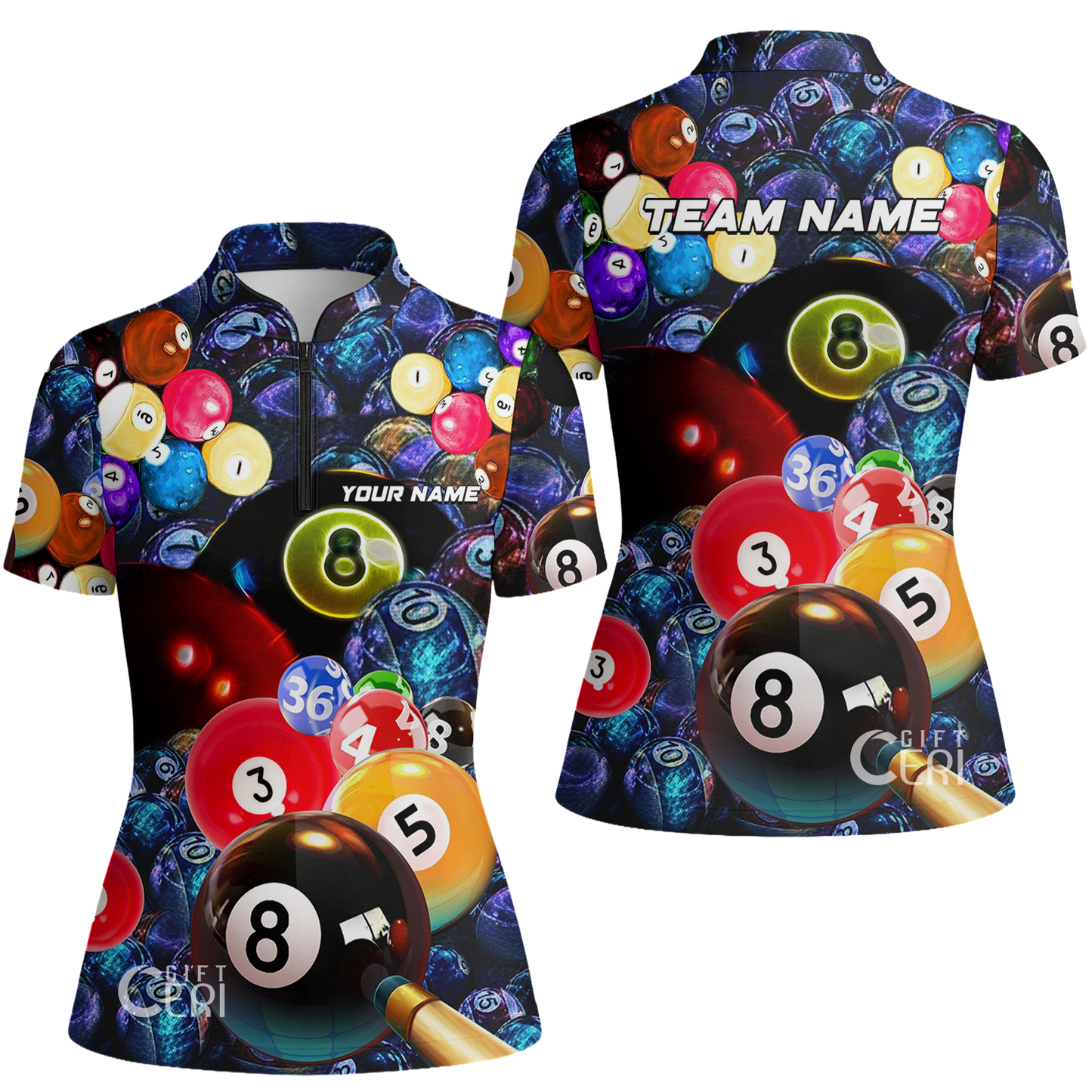 Customized Billiards Stand Collar Quarter Zip Short Sleeve Women's Shirt, Colorful Billiard 8 Ball Jersey
