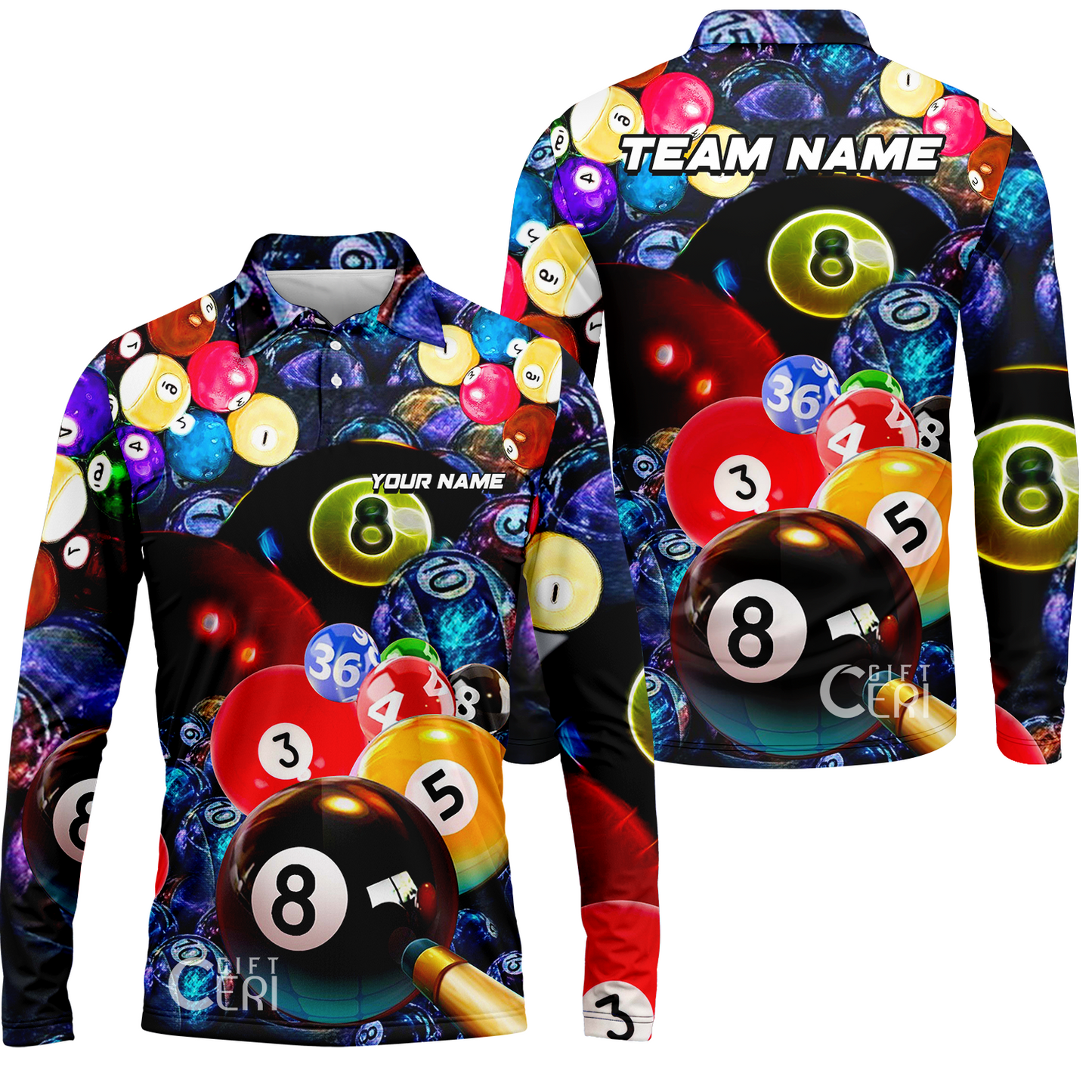 Customized Billiards Long Sleeve Polo Shirt, Colorful Billiard 8 Ball Jersey Gift For Billiard Players