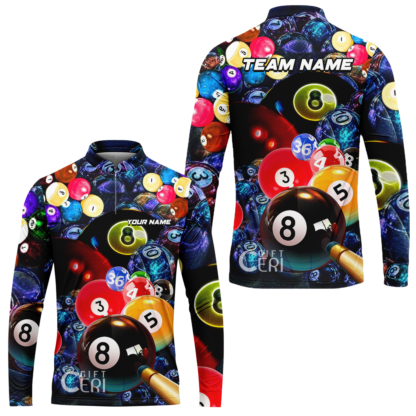 Customized Billiards Stand Collar Quarter-Zip Long Sleeve Jersey, Colorful Billiard 8 Ball Jersey Gift For Billiard Lovers