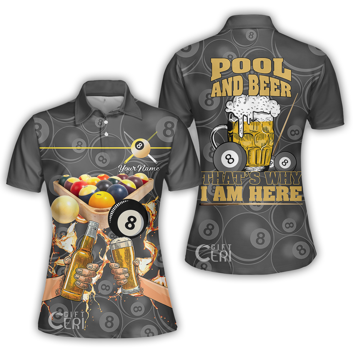 Customized Billiard Women Polo Shirt, Pool And Beer That's Why I Am Here 8 Ball Jersey Gift For Billiard Players