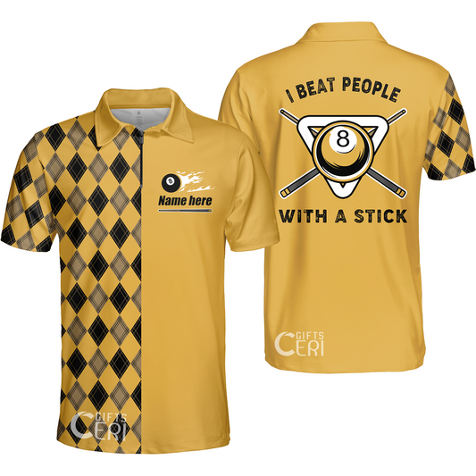 Customized Billiards Quarter-Zip Polo Shirt, I Beat People With A Stick 8 Pool Flaming 8 Ball Jersey Gift For Billiard Players