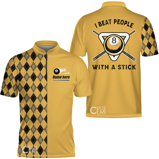 Customized Billiards Stand Collar Quarter-Zip Short Sleeve Jersey, I Beat People With A Stick 8 Pool Flaming 8 Ball Jersey