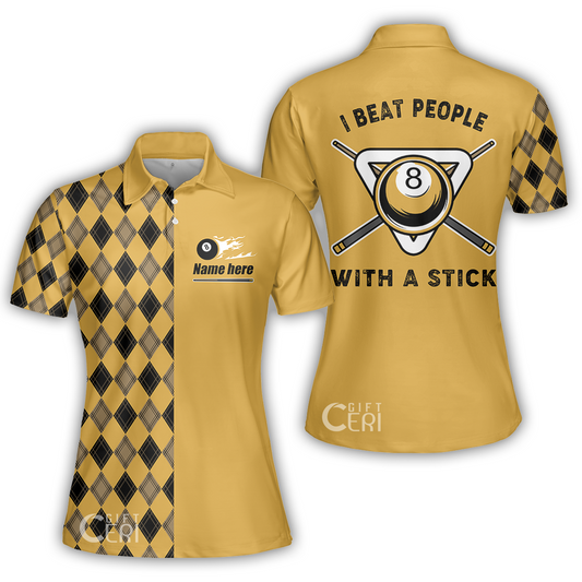 Customized Billiards Women Polo Shirt, I Beat People With A Stick 8 Pool Flaming 8 Ball Jersey Gift For Billiard Players
