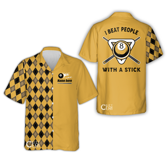 Customized Billiards Hawaiian Shirt, I Beat People With A Stick 8 Pool Flaming 8 Ball Jersey Gift For Billiard Players