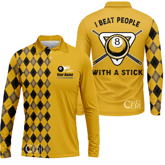 Customized Billiards Long Sleeve Polo Shirt, I Beat People With A Stick 8 Pool Flaming 8 Ball Jersey Gift For Billiard Players