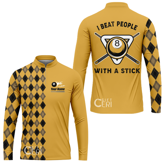 Customized Billiards Stand Collar Quarter-Zip Long Sleeve Jersey, I Beat People With A Stick 8 Pool Flaming 8 Ball Jersey