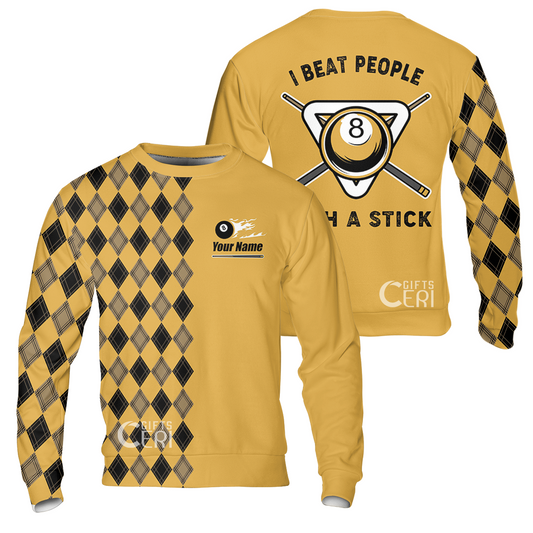 Customized Billiards Sweatshirt, I Beat People With A Stick 8 Pool Flaming 8 Ball Jersey Gift For Billiard Players