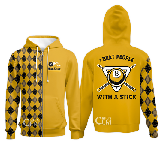 Customized Billiards Zip Hoodies, I Beat People With A Stick 8 Pool Flaming 8 Ball Jersey Gift For Billiard Players
