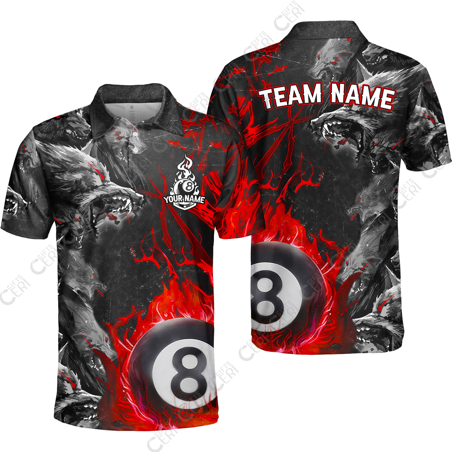Customized Billiards Unisex Polo Shirt, Personalized Billiard Wolf Pack Red Eye 8 Ball Jersey Gift For Billiard Players
