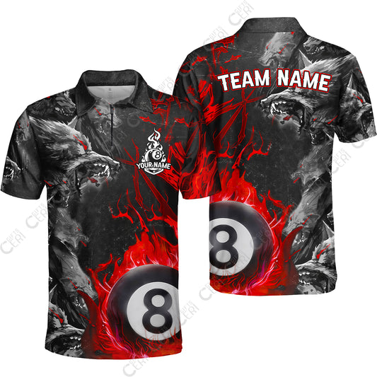 Customized Billiards Quarter-Zip Polo Shirt, Personalized Wolf Pack Red Eye 8 Ball Jersey Gift For Billiard Players