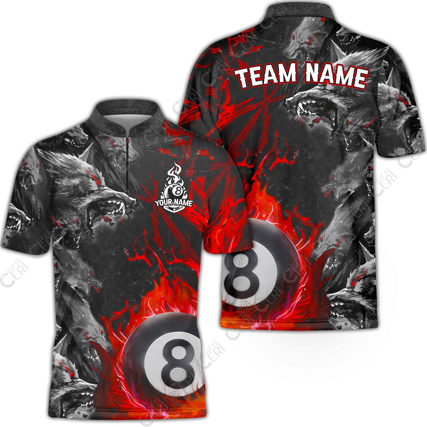 Customized Billiards Stand Collar Quarter-Zip Short Sleeve Jersey, Personalized Wolf Pack Red Eye 8 Ball Jersey