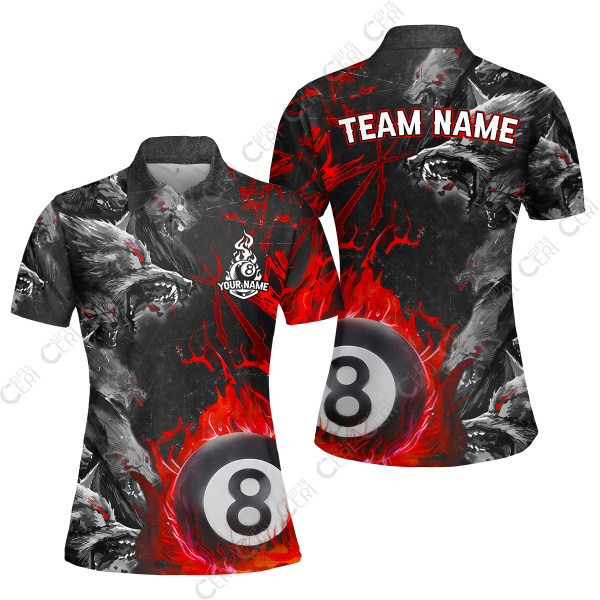 Customized Billiards Women Polo Shirt, Personalized Billiard Wolf Pack Red Eye 8 Ball Jersey Gift For Billiard Players