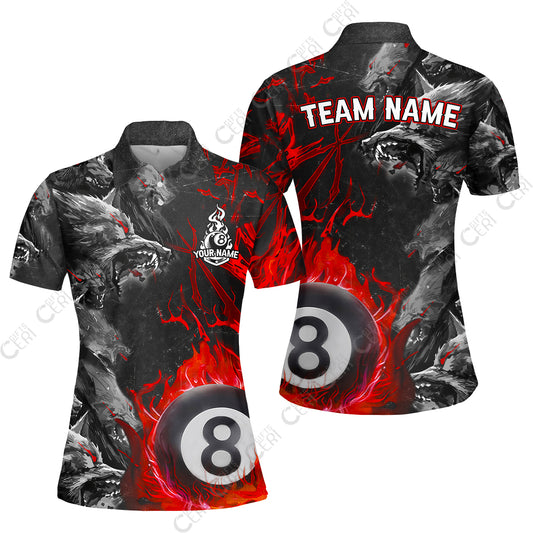 Customized Billiards Women Polo Shirt, Personalized Billiard Wolf Pack Red Eye 8 Ball Jersey Gift For Billiard Players