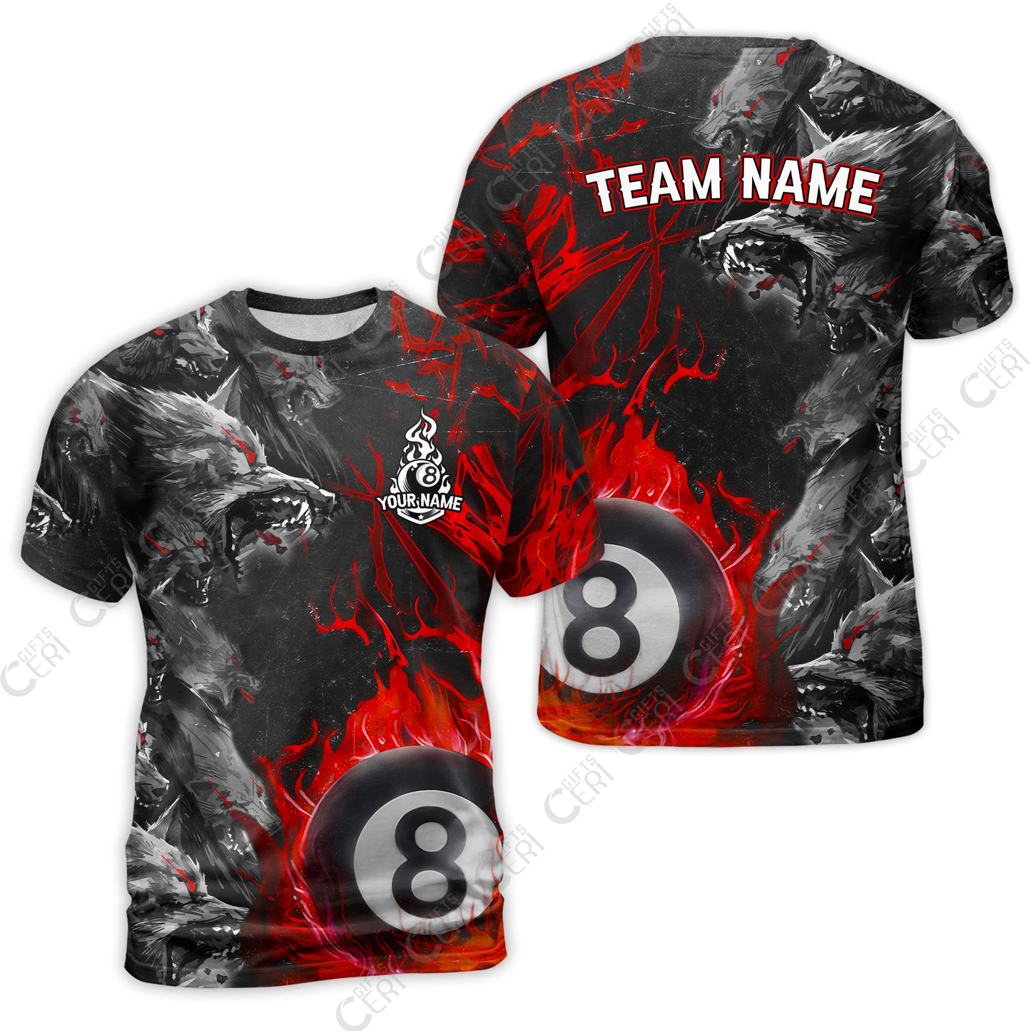 Customized Billiards T-Shirt, Personalized Billiard Wolf Pack Red Eye 8 Ball Jersey Gift For Billiard Players