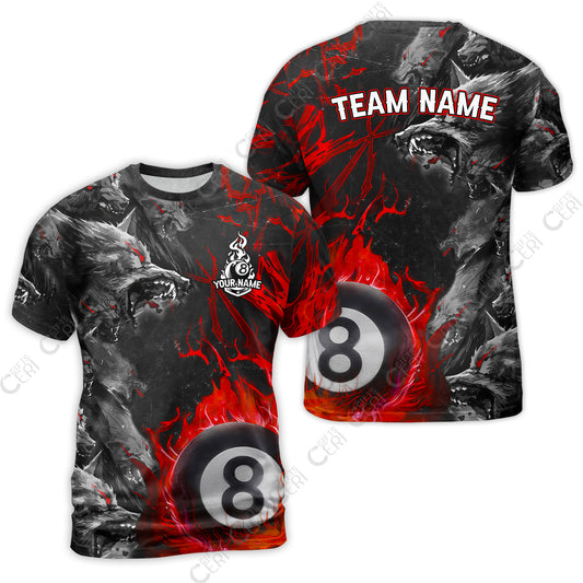 Customized Billiards T-Shirt, Personalized Billiard Wolf Pack Red Eye 8 Ball Jersey Gift For Billiard Players