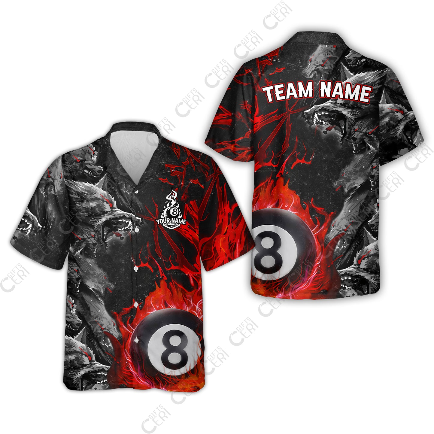Customized Billiards Hawaiian Shirt, Personalized Billiard Wolf Pack Red Eye 8 Ball Jersey Gift For Billiard Players