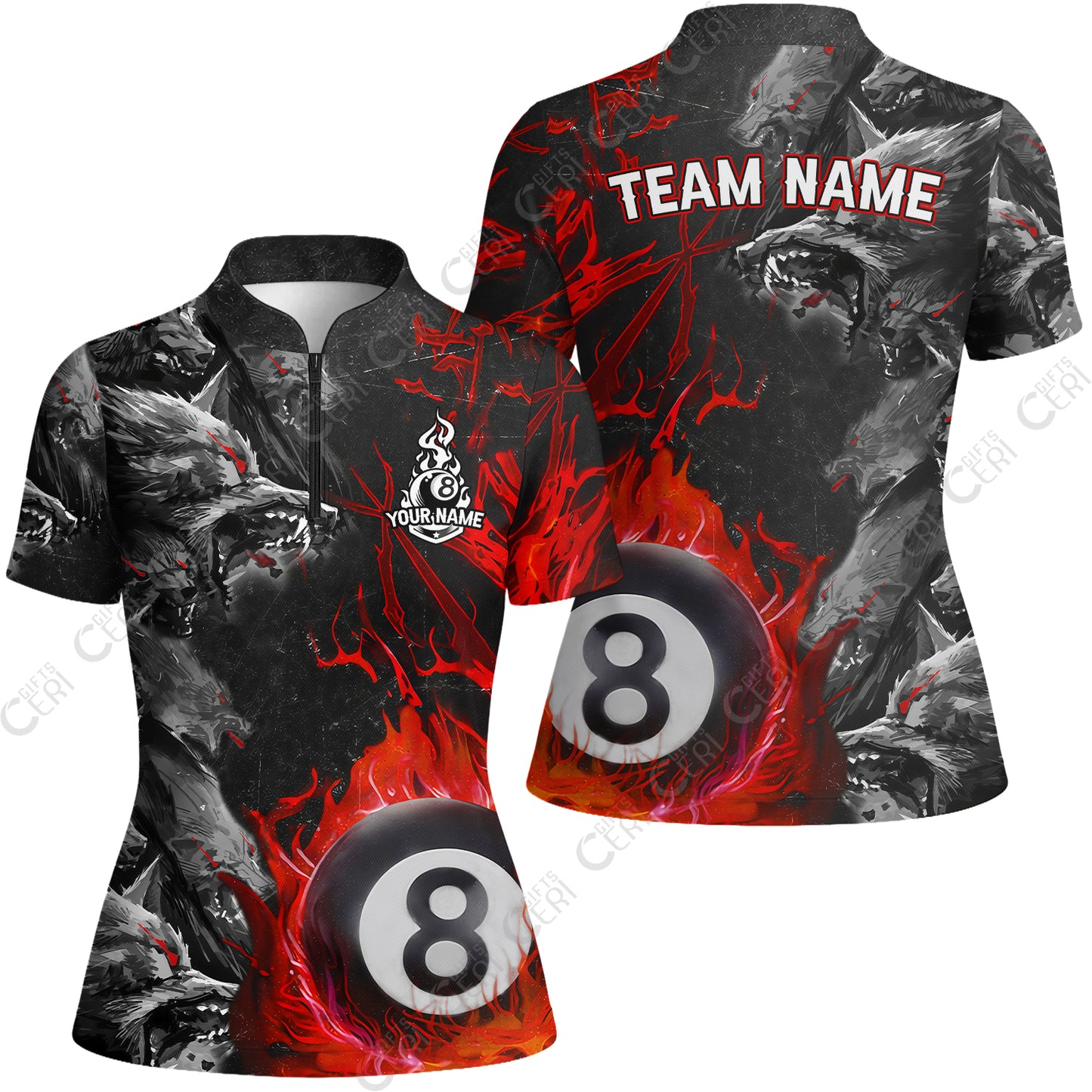Customized Billiards Stand Collar Quarter Zip Short Sleeve Women's Shirt, Personalized Wolf Pack Red Eye 8 Ball Jersey