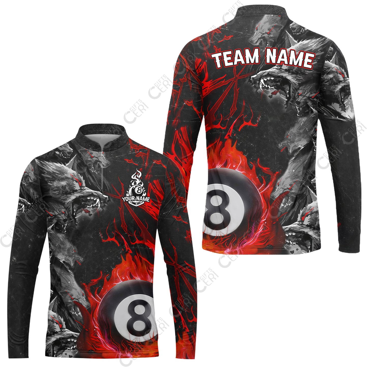 Customized Billiards Stand Collar Quarter-Zip Long Sleeve Jersey, Personalized Billiard Wolf Pack Red Eye 8 Ball Jersey