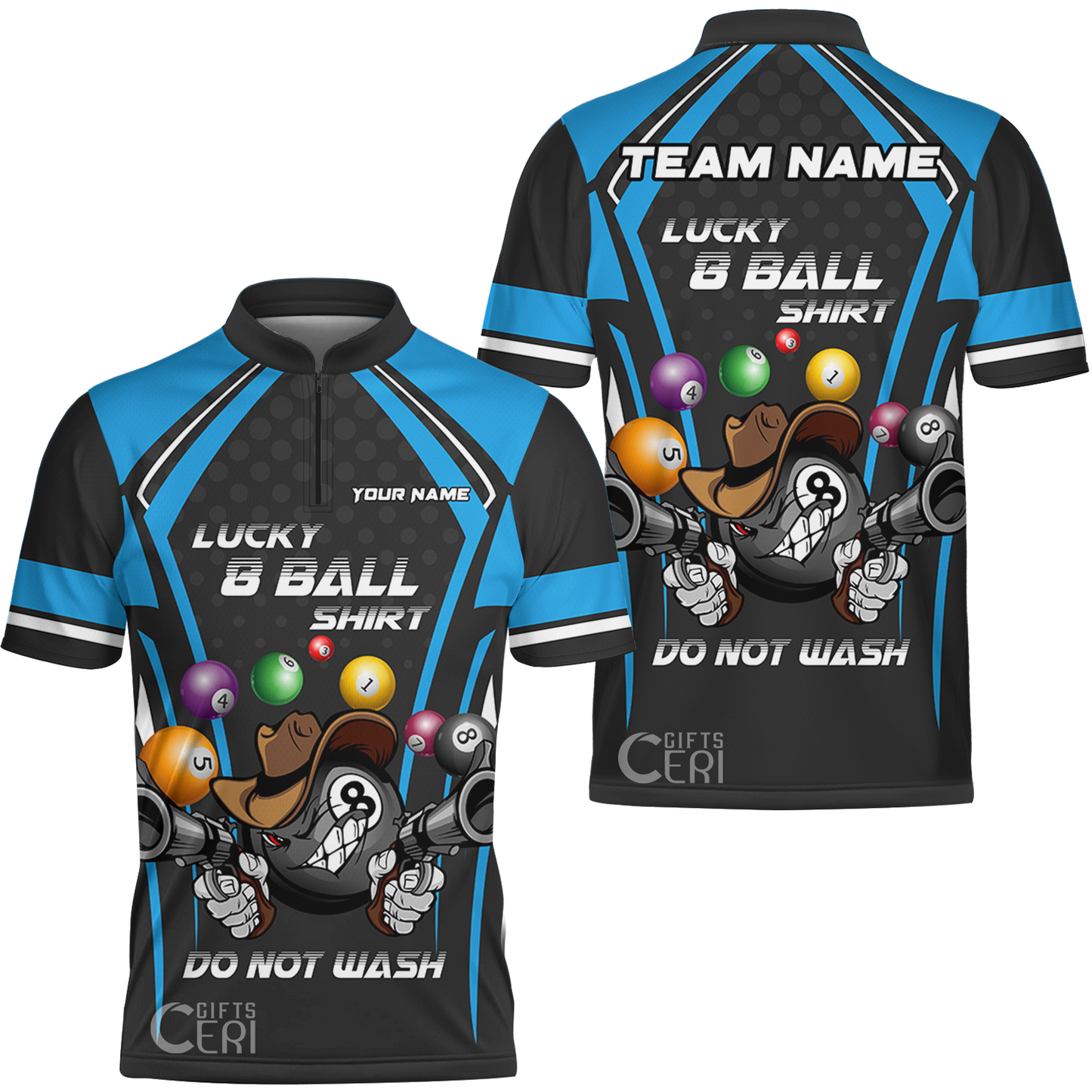 Customized Billiards Stand Collar Quarter-Zip Short Sleeve Jersey, Personalized Lucky 8 Ball Shirt Do Not Wash Jersey