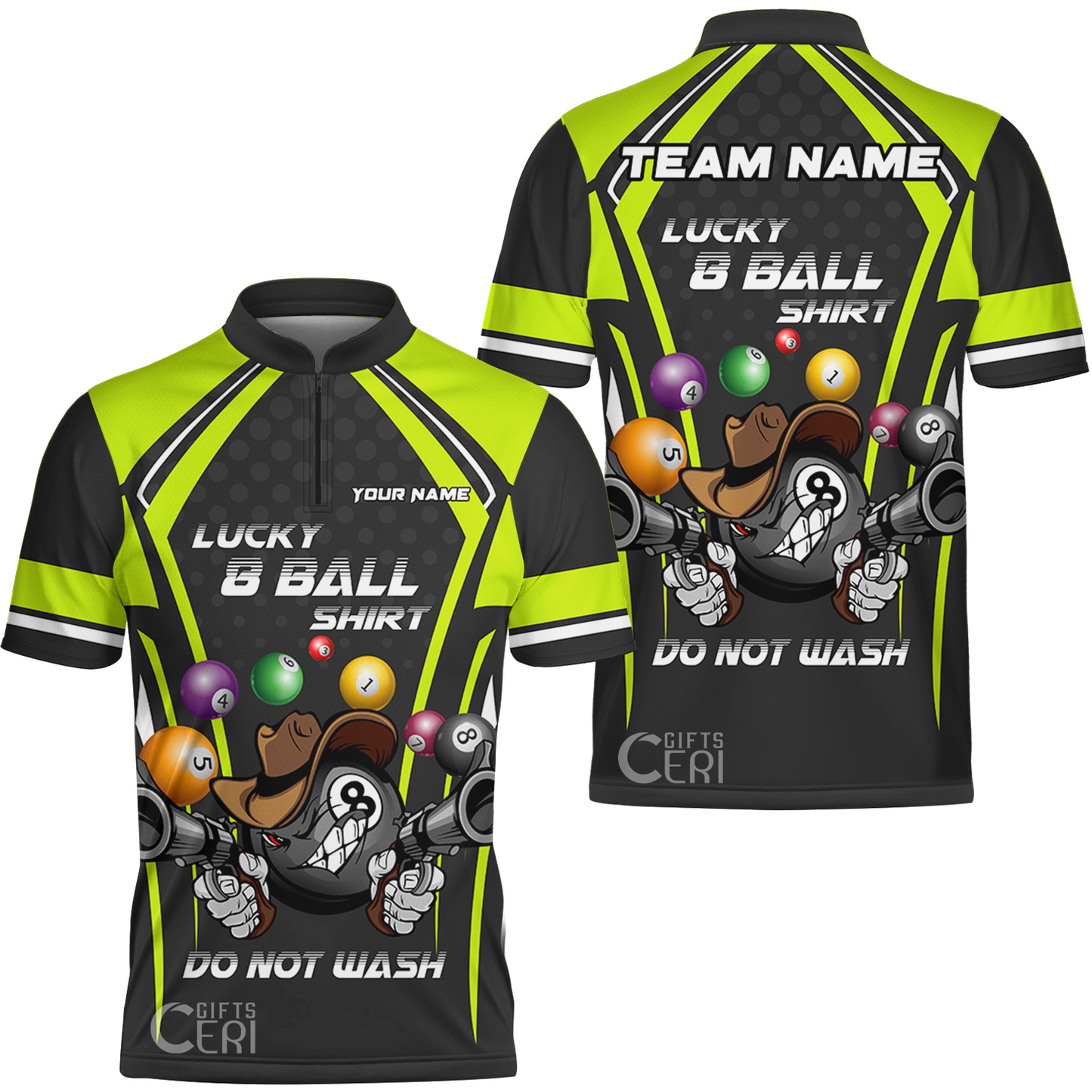 Customized Billiards Stand Collar Quarter-Zip Short Sleeve Jersey, Personalized Lucky 8 Ball Shirt Do Not Wash Jersey