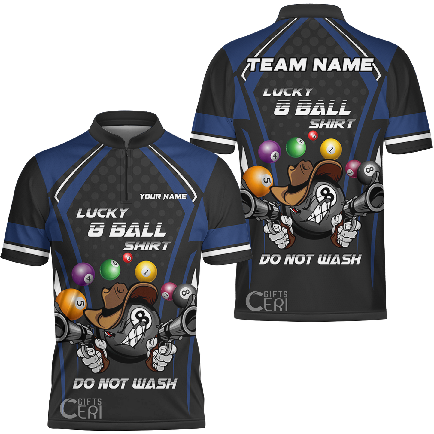 Customized Billiards Stand Collar Quarter-Zip Short Sleeve Jersey, Personalized Lucky 8 Ball Shirt Do Not Wash Jersey