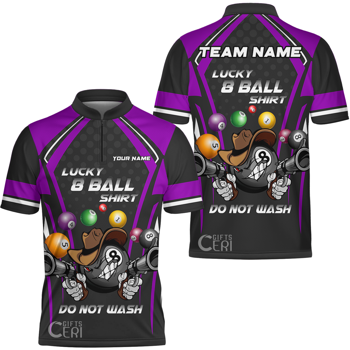 Customized Billiards Stand Collar Quarter-Zip Short Sleeve Jersey, Personalized Lucky 8 Ball Shirt Do Not Wash Jersey