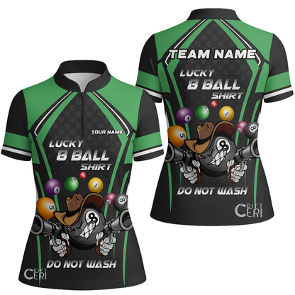 Customized Billiards Stand Collar Quarter Zip Short Sleeve Women's Shirt, Lucky 8 Ball Shirt Do Not Wash Jersey