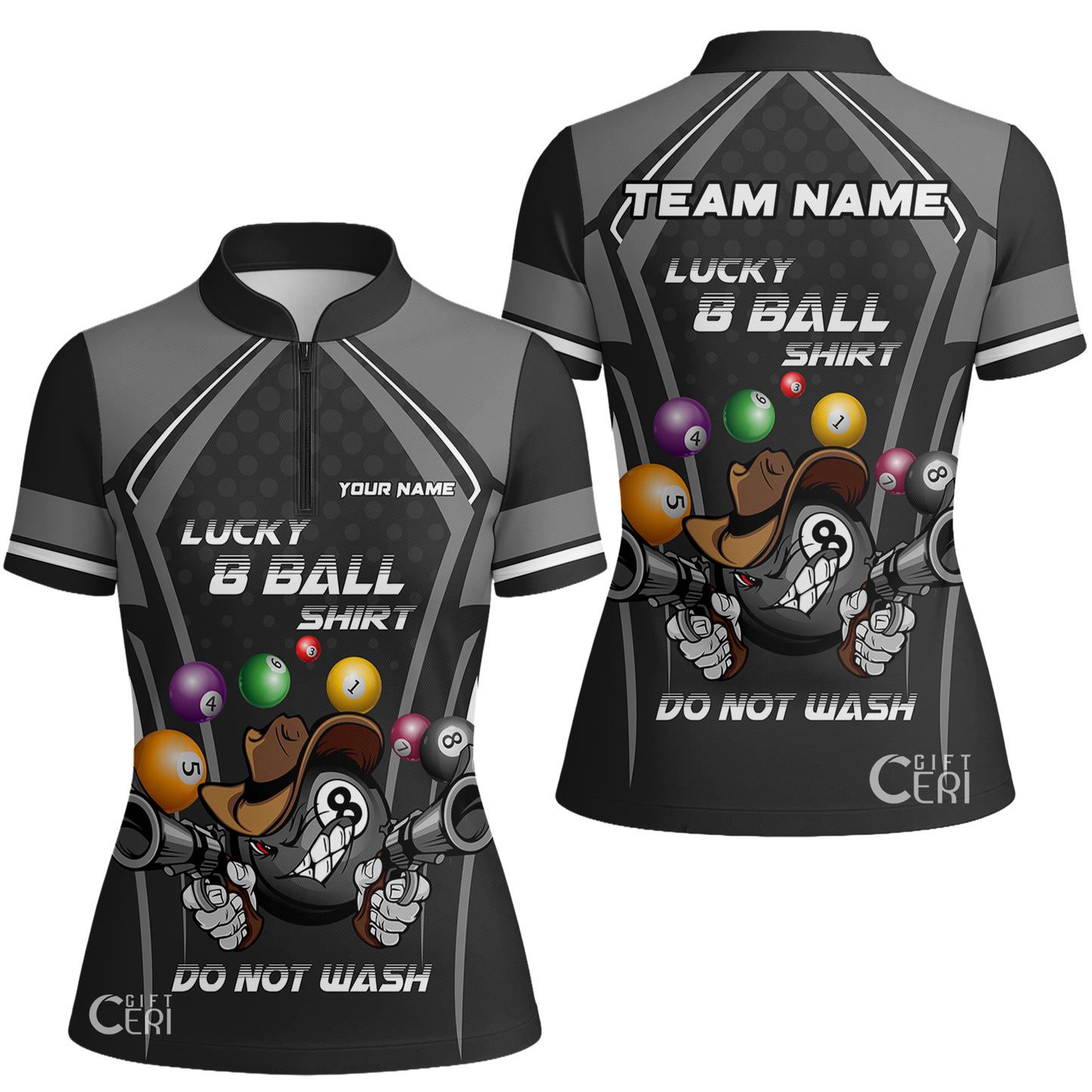 Customized Billiards Stand Collar Quarter Zip Short Sleeve Women's Shirt, Lucky 8 Ball Shirt Do Not Wash Jersey