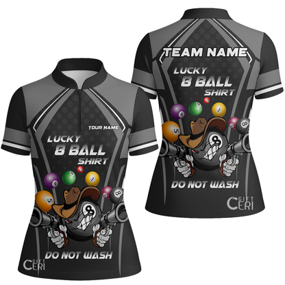 Customized Billiards Stand Collar Quarter Zip Short Sleeve Women's Shirt, Lucky 8 Ball Shirt Do Not Wash Jersey