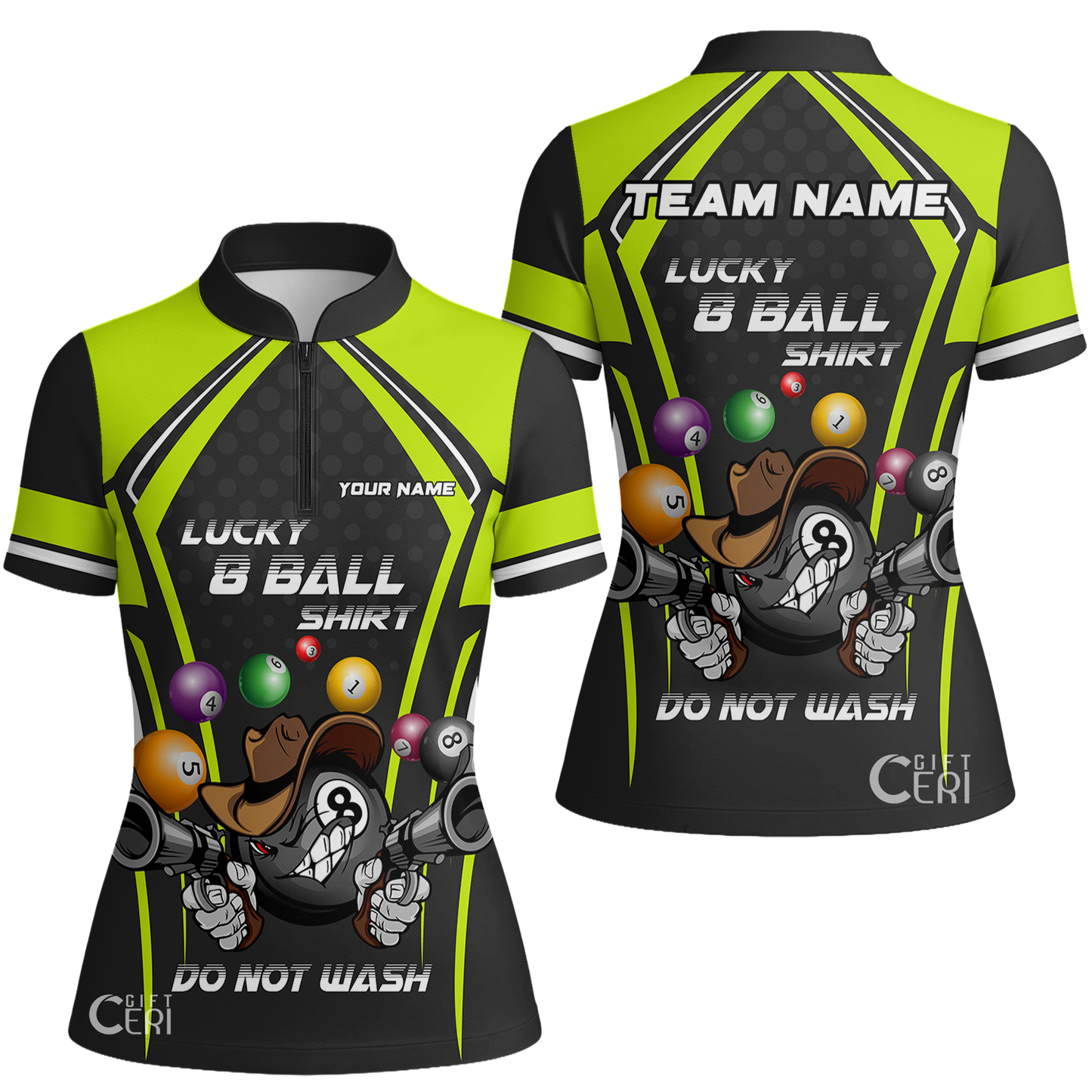 Customized Billiards Stand Collar Quarter Zip Short Sleeve Women's Shirt, Lucky 8 Ball Shirt Do Not Wash Jersey