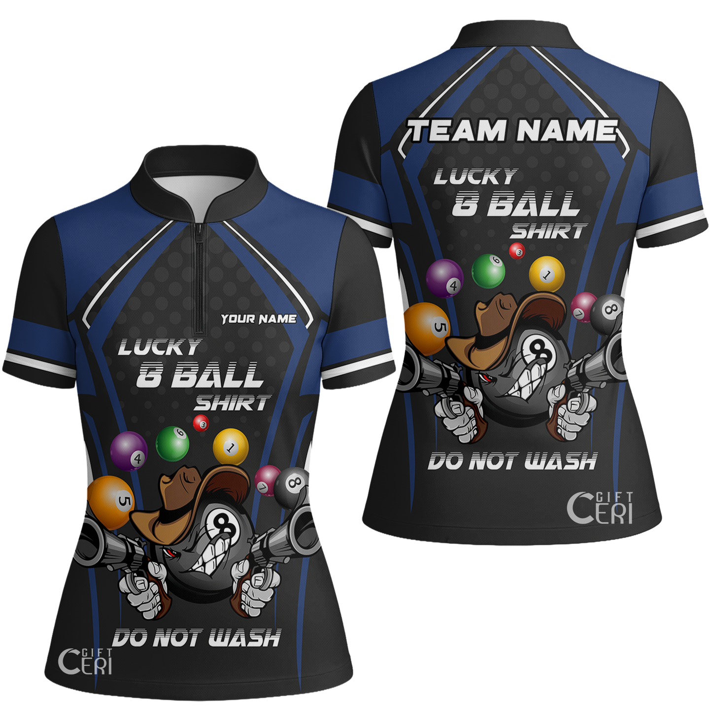 Customized Billiards Stand Collar Quarter Zip Short Sleeve Women's Shirt, Lucky 8 Ball Shirt Do Not Wash Jersey