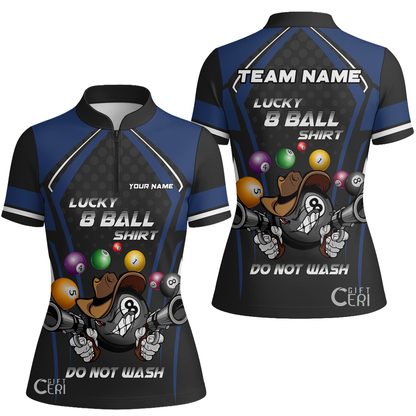 Customized Billiards Stand Collar Quarter Zip Short Sleeve Women's Shirt, Lucky 8 Ball Shirt Do Not Wash Jersey