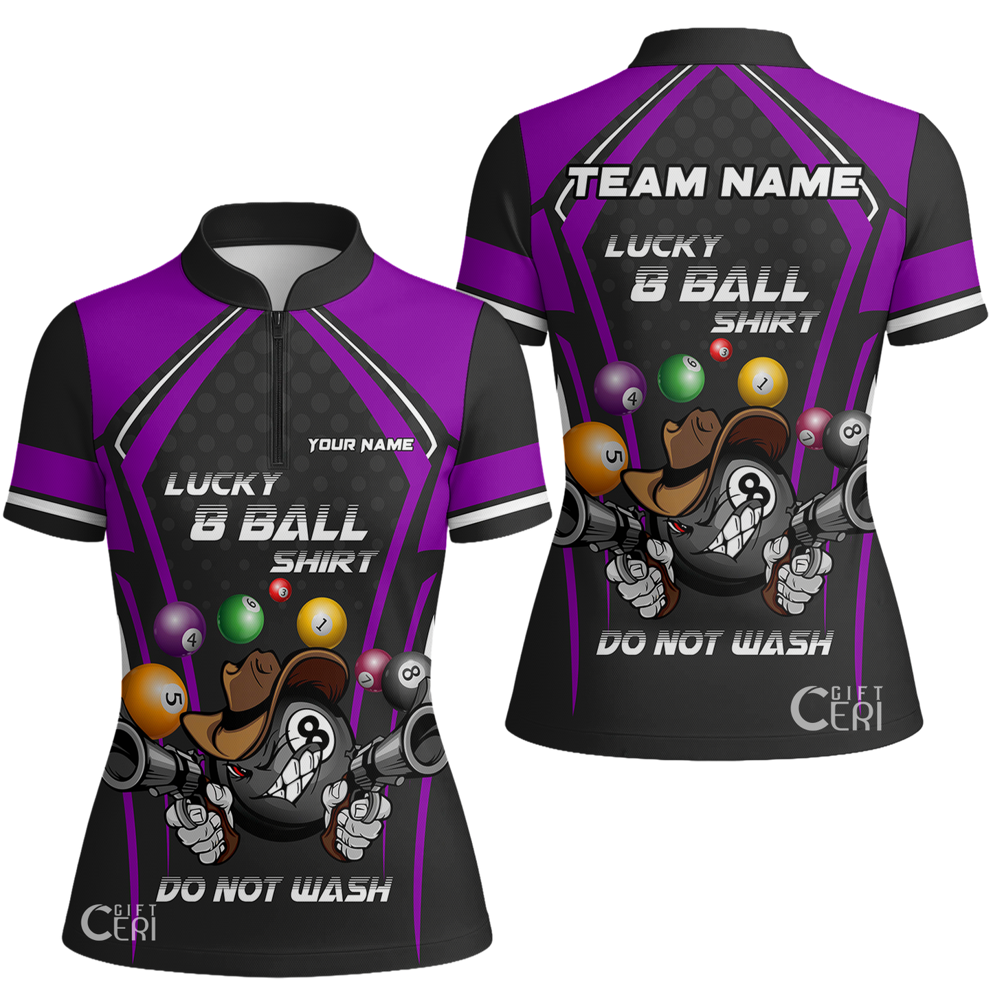 Customized Billiards Stand Collar Quarter Zip Short Sleeve Women's Shirt, Lucky 8 Ball Shirt Do Not Wash Jersey
