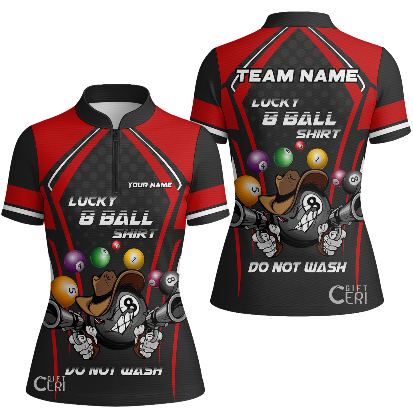 Customized Billiards Stand Collar Quarter Zip Short Sleeve Women's Shirt, Lucky 8 Ball Shirt Do Not Wash Jersey