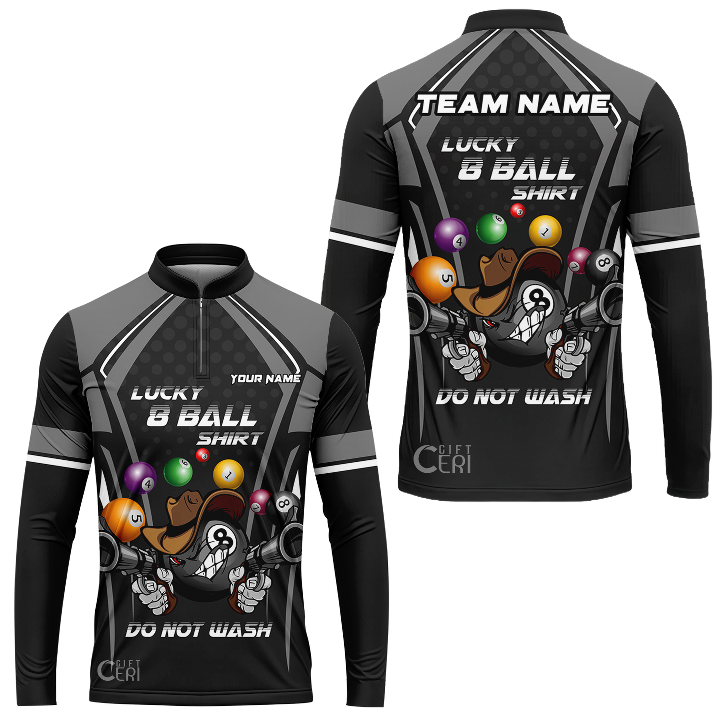 Customized Billiards Stand Collar Quarter-Zip Long Sleeve Jersey, Personalized Lucky 8 Ball Shirt Do Not Wash Jersey