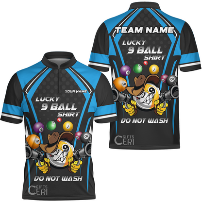 Customized Billiards Stand Collar Quarter-Zip Short Sleeve Jersey, Personalized Lucky 9 Ball Shirt Do Not Wash Jersey