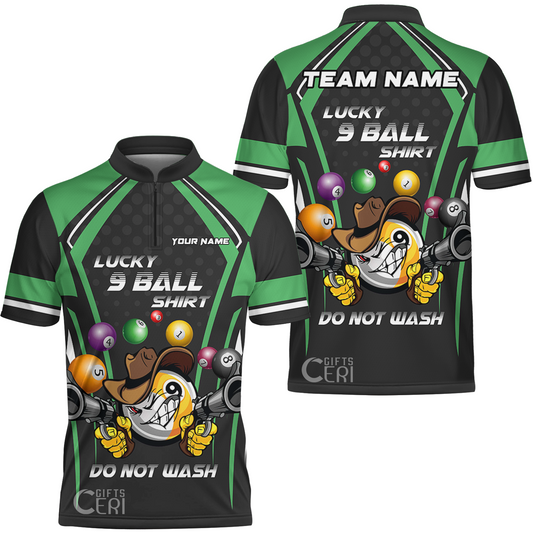 Customized Billiards Stand Collar Quarter-Zip Short Sleeve Jersey, Personalized Lucky 9 Ball Shirt Do Not Wash Jersey