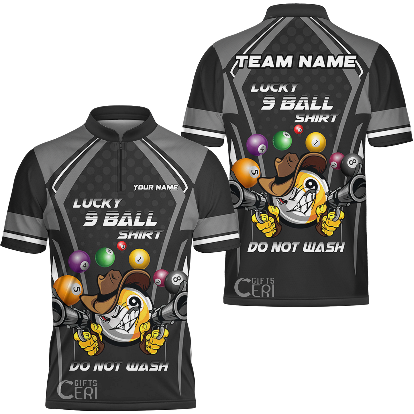 Customized Billiards Stand Collar Quarter-Zip Short Sleeve Jersey, Personalized Lucky 9 Ball Shirt Do Not Wash Jersey