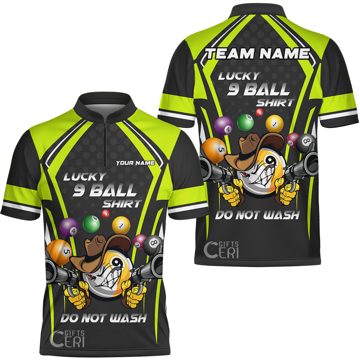 Customized Billiards Stand Collar Quarter-Zip Short Sleeve Jersey, Personalized Lucky 9 Ball Shirt Do Not Wash Jersey