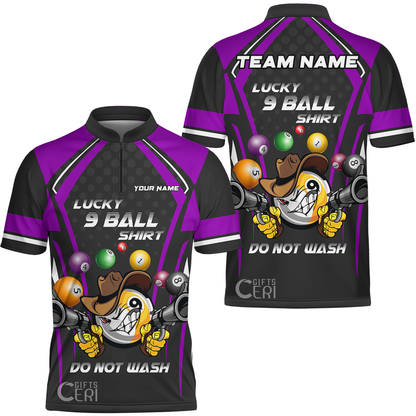 Customized Billiards Stand Collar Quarter-Zip Short Sleeve Jersey, Personalized Lucky 9 Ball Shirt Do Not Wash Jersey