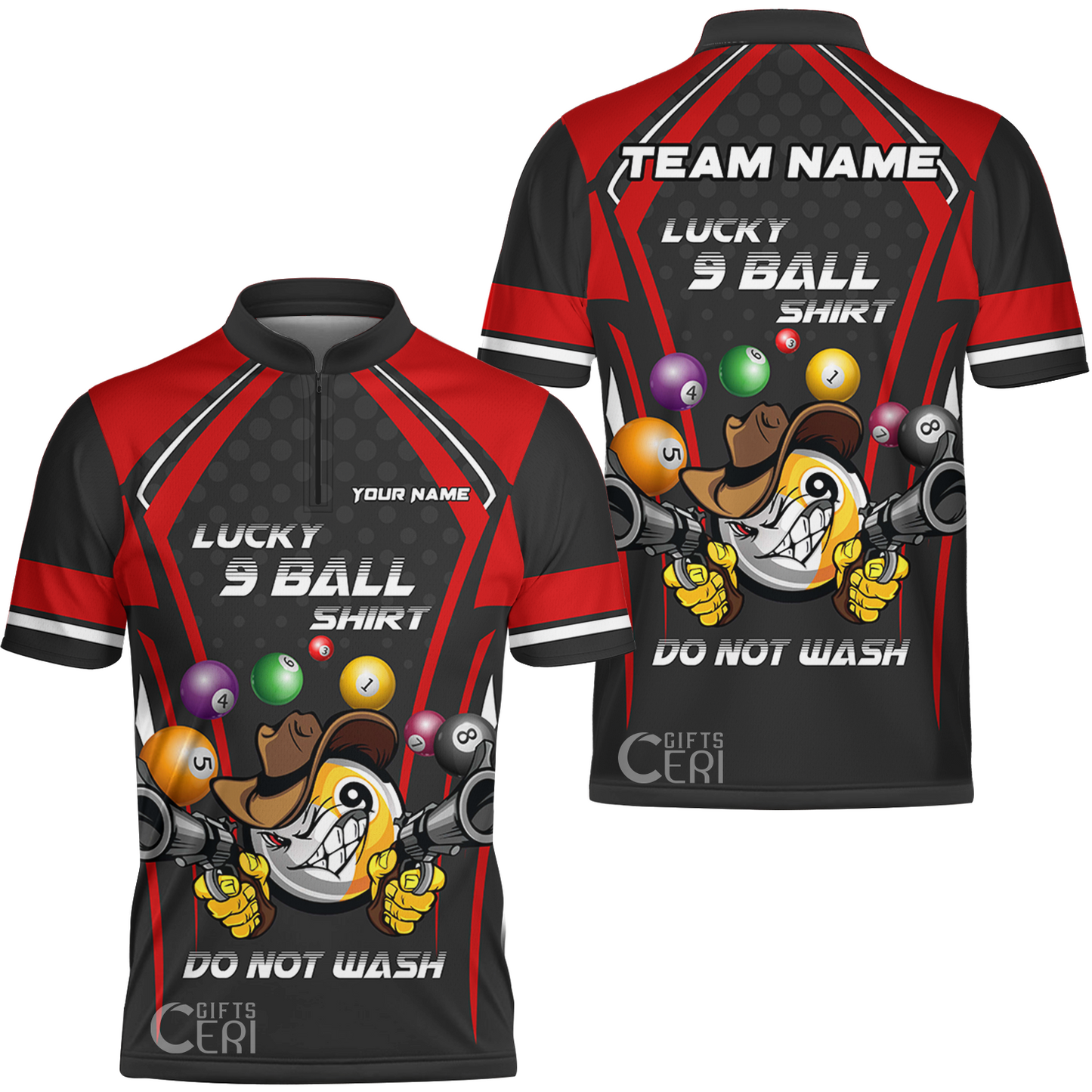 Customized Billiards Stand Collar Quarter-Zip Short Sleeve Jersey, Personalized Lucky 9 Ball Shirt Do Not Wash Jersey