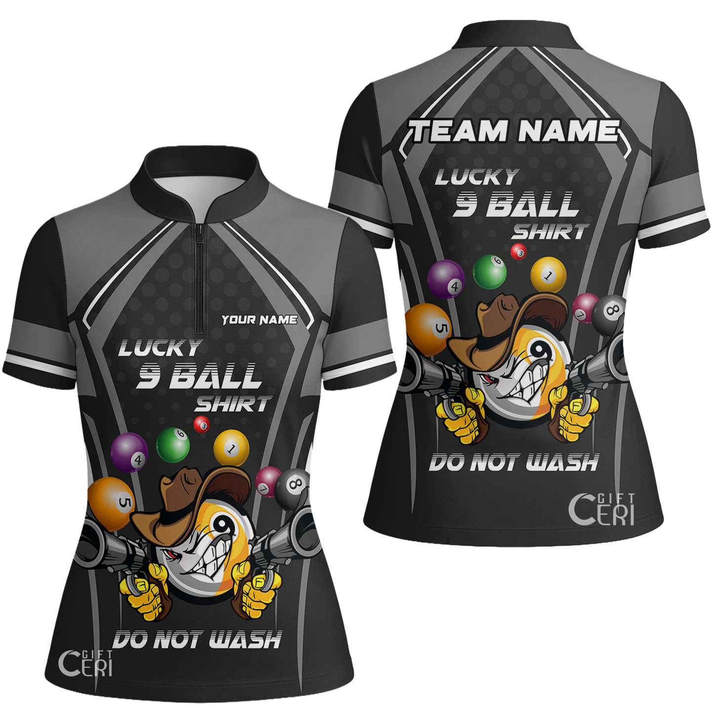 Customized Billiards Stand Collar Quarter Zip Short Sleeve Women's Shirt, Lucky 9 Ball Shirt Do Not Wash Jersey