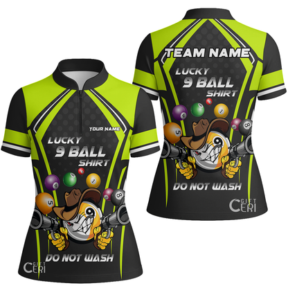 Customized Billiards Stand Collar Quarter Zip Short Sleeve Women's Shirt, Lucky 9 Ball Shirt Do Not Wash Jersey